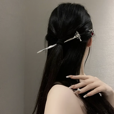 Sword Style Hairpin with Red Crystal Charm – Novelty Hair Accessory for Women