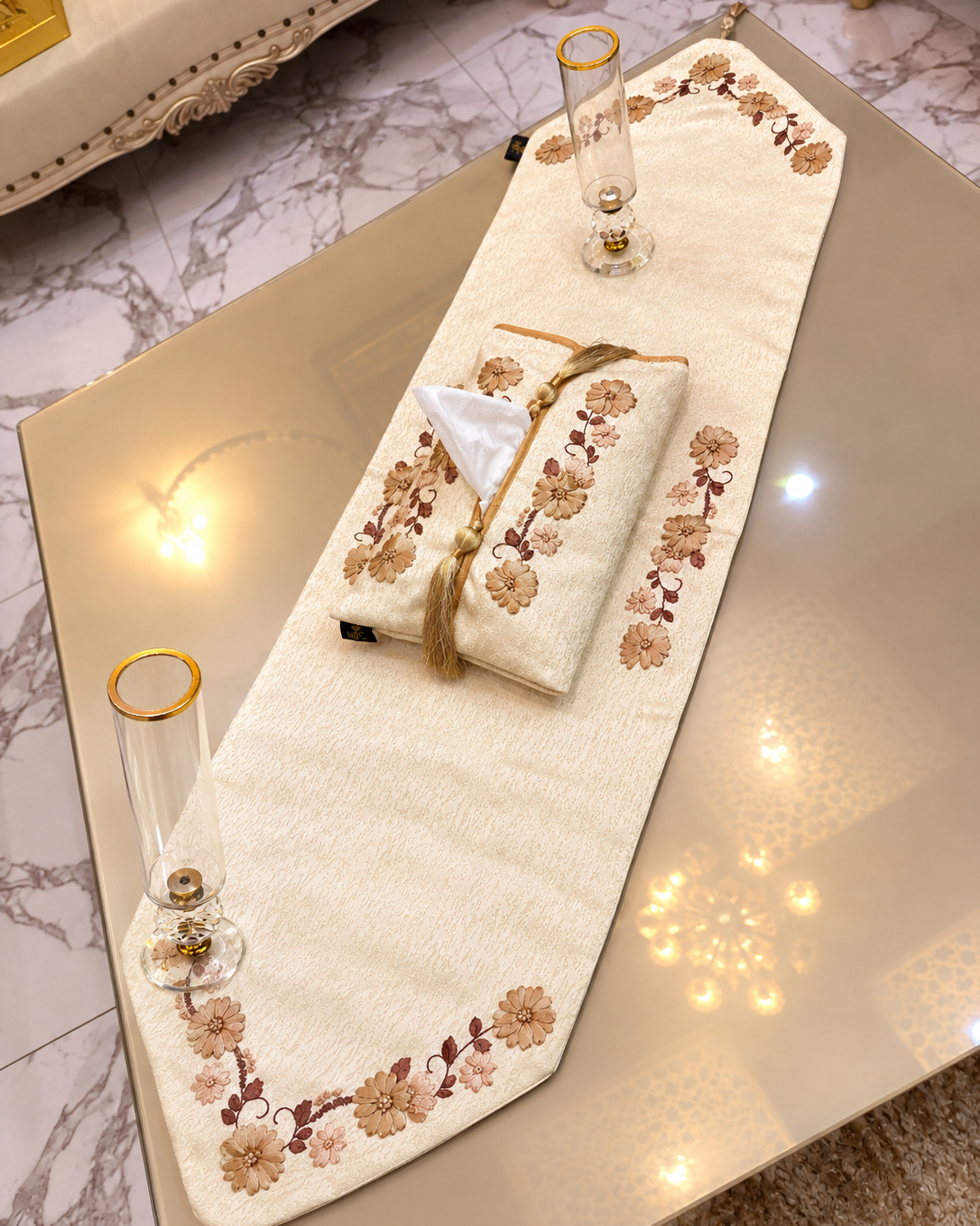 Noor hand embroidered cream floral table runner with matching tissue box cover and table filler