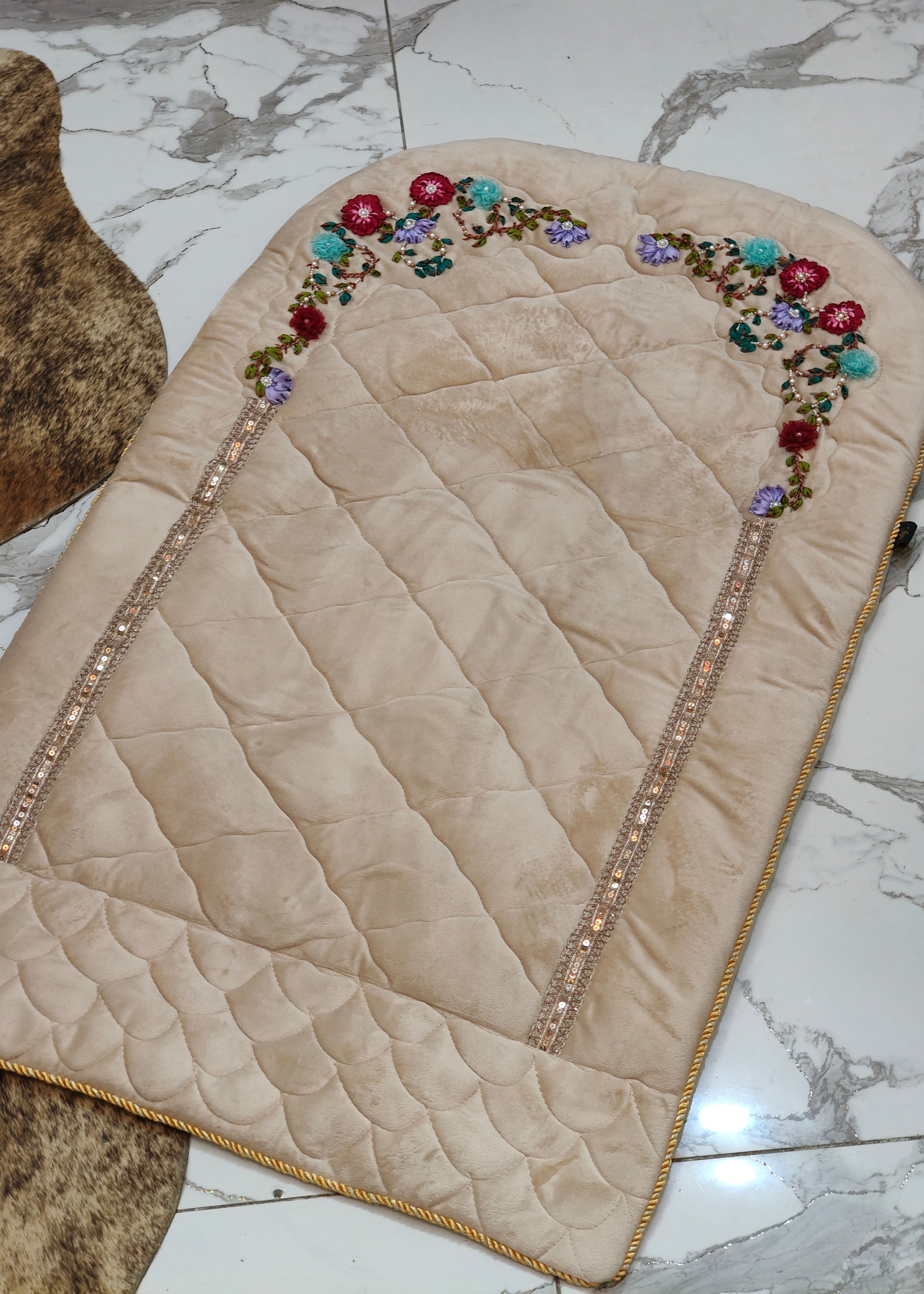 Velvet Prayer Mat Set with Hand-Embroidered Ribbon Flowers 