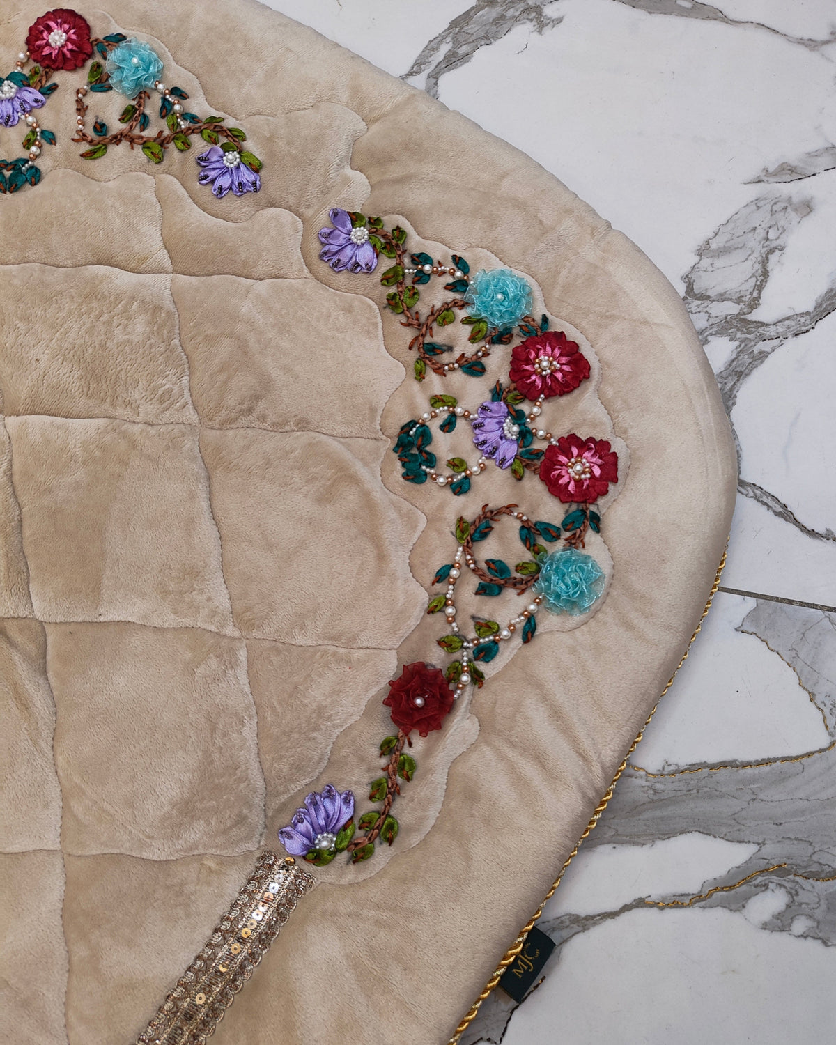 Velvet Prayer Mat Set with Hand-Embroidered Ribbon Flowers 