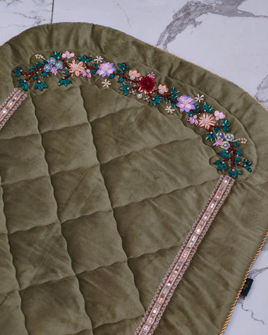 Pistachio Velvet Prayer Mat Set with Hand-Embroidered Ribbon Flowers