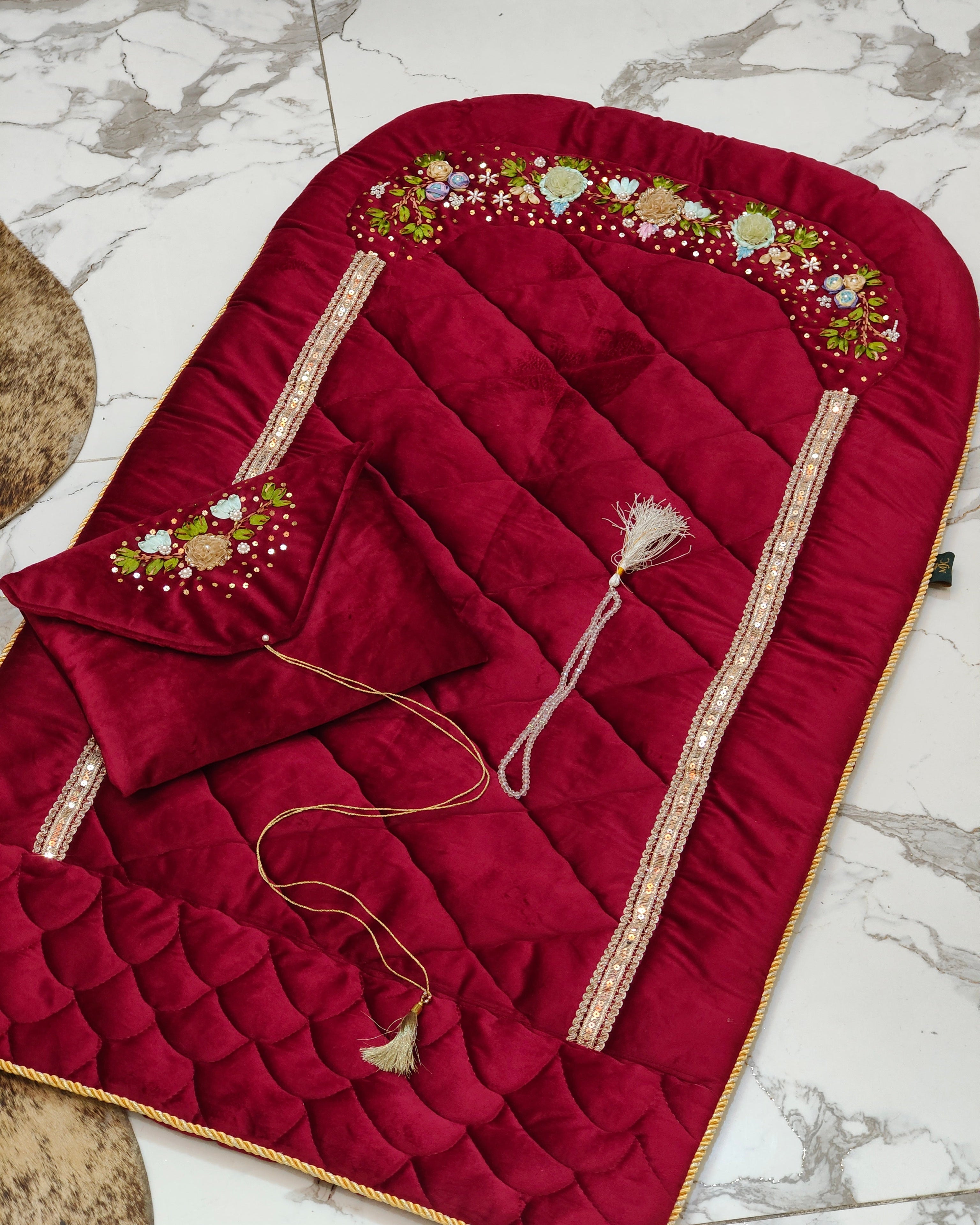 Velvet Prayer Mat Set with Hand-Embroidered Ribbon Flowers