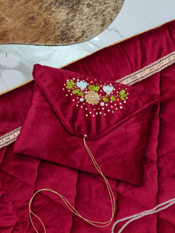 Velvet Prayer Mat Set with Hand-Embroidered Ribbon Flowers
