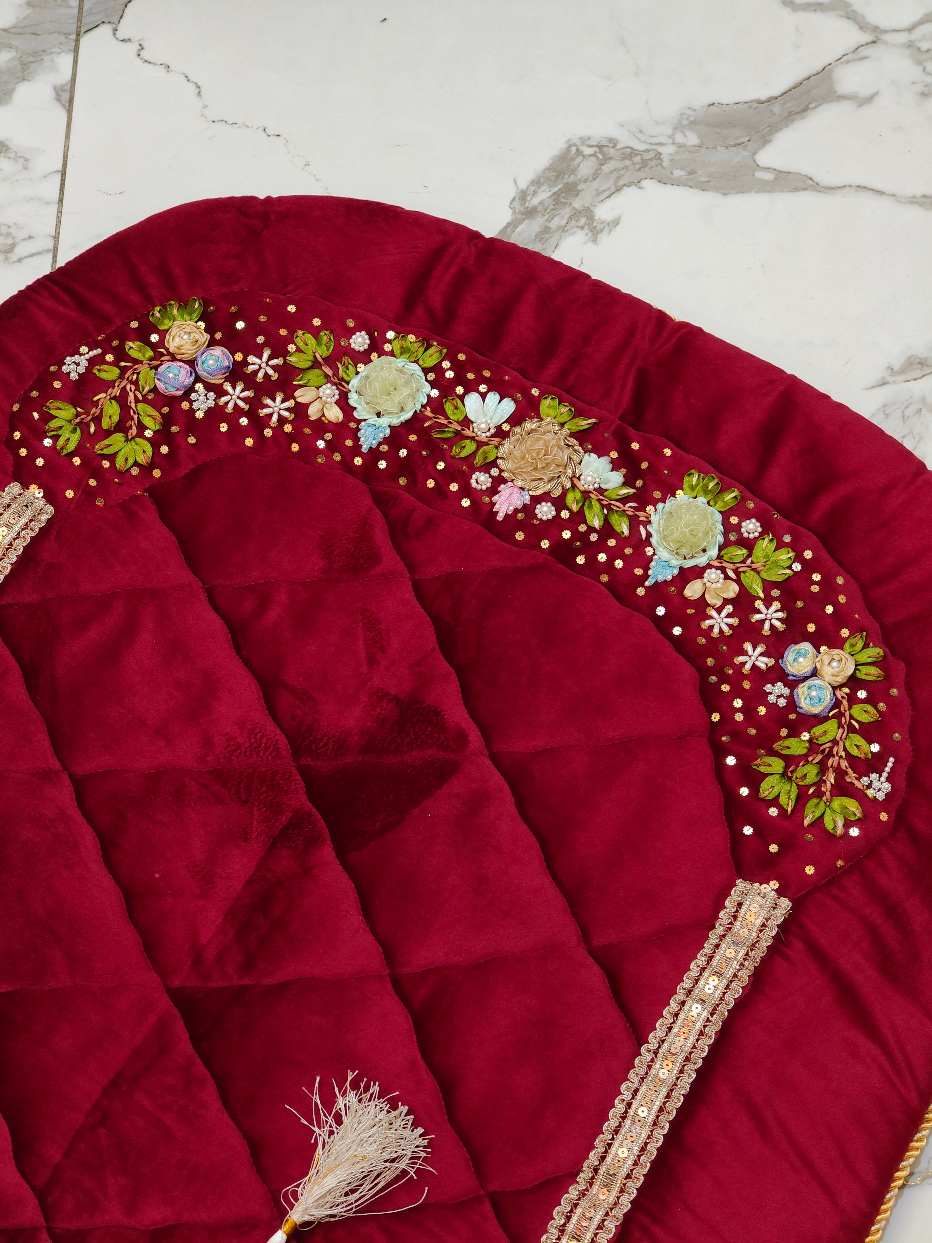 Velvet Prayer Mat Set with Hand-Embroidered Ribbon Flowers