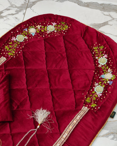 Maroon Velvet Prayer Mat Set with Hand-Embroidered Ribbon Flowers