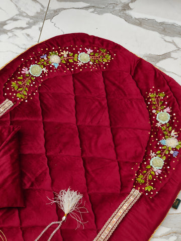 Maroon Velvet Prayer Mat Set with Hand-Embroidered Ribbon Flowers