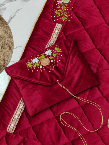 Maroon Velvet Prayer Mat Set with Hand-Embroidered Ribbon Flowers
