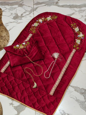 Maroon Velvet Prayer Mat Set with Hand-Embroidered Ribbon Flowers