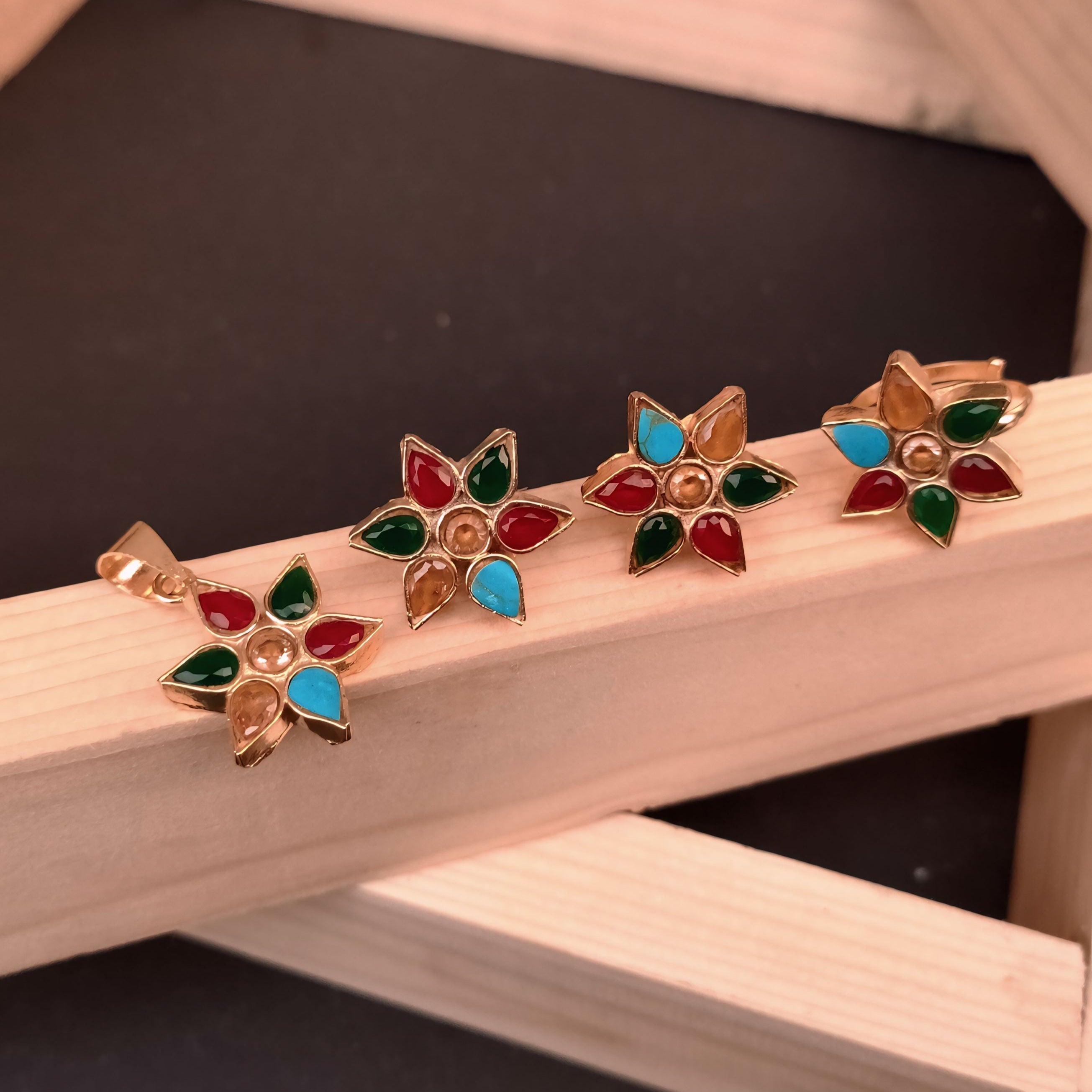 Phoolkari Set – Multicolor Stone Floral Earrings, Pendant & Ring