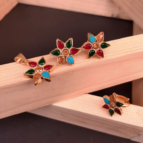 Phoolkari Set – Multicolor Stone Floral Earrings, Pendant & Ring