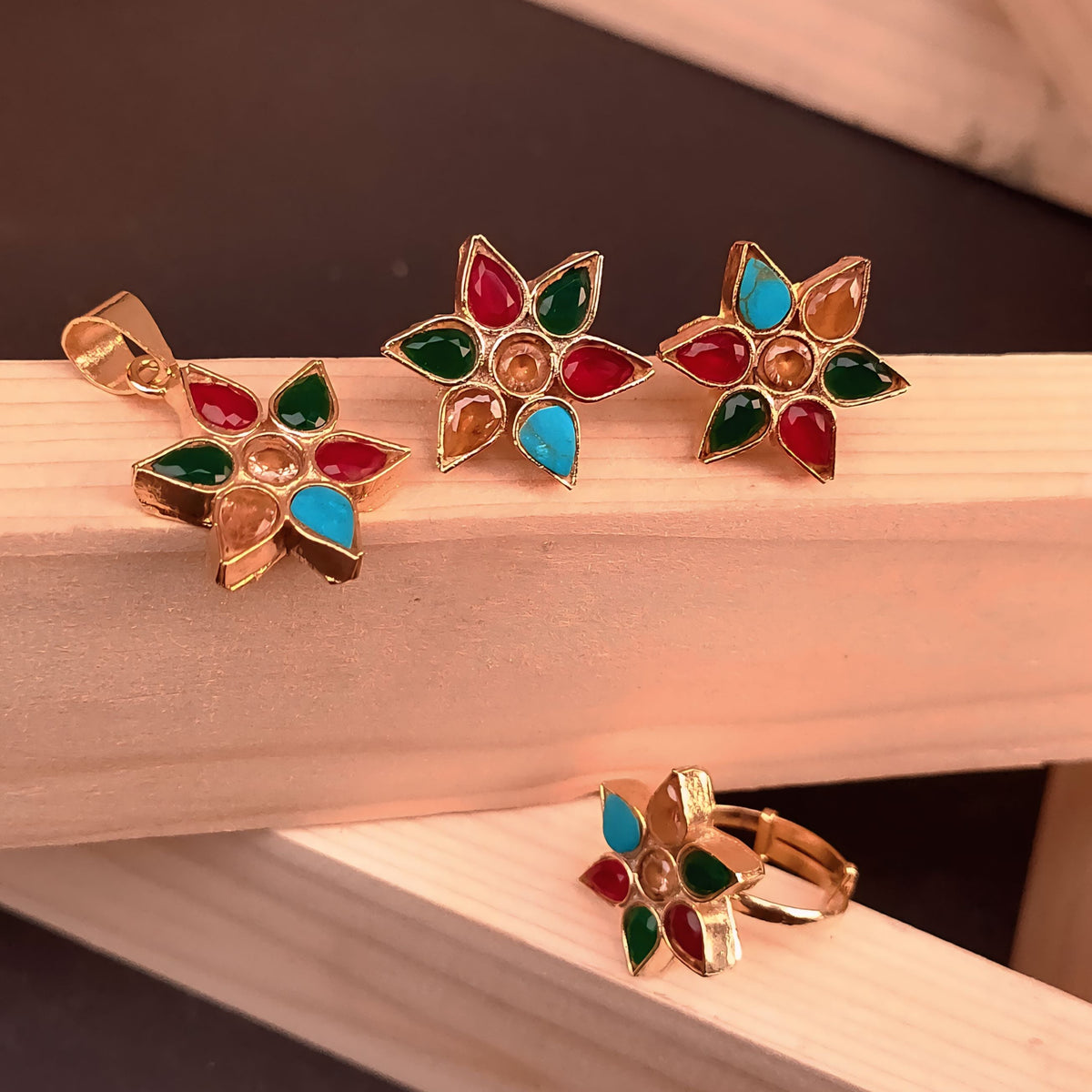Phoolkari Set – Multicolor Stone Floral Earrings, Pendant & Ring