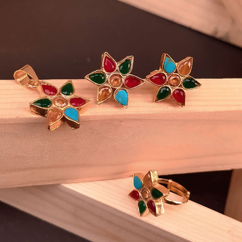 Phoolkari Set – Multicolor Stone Floral Earrings, Pendant & Ring