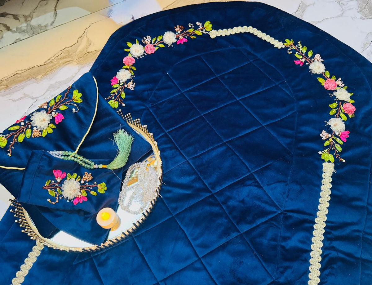 Velvet Prayer Mat Set with Hand-Embroidered Ribbon Flowers – Includes Qur’an & Beads Pouch