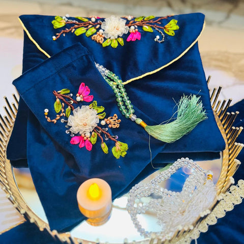 Velvet Prayer Mat Set with Hand-Embroidered Ribbon Flowers – Includes Qur’an & Beads Pouch