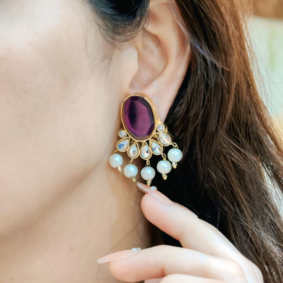 Gulbahar Jhumki – Purple Stone & Pearl Kundan Earrings