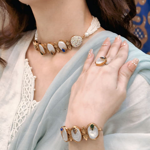 Turkish Heritage Stone-Studded Mother of Pearl Necklace Set – Earrings, Bracelet & Ring