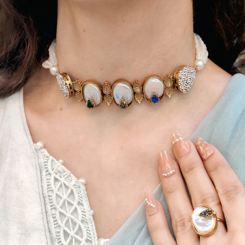 Turkish Heritage Stone-Studded Mother of Pearl Necklace Set – Earrings, Bracelet & Ring