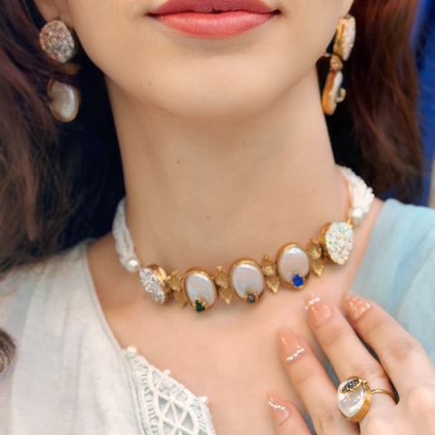 Turkish Heritage Stone-Studded Mother of Pearl Necklace Set – Earrings, Bracelet & Ring