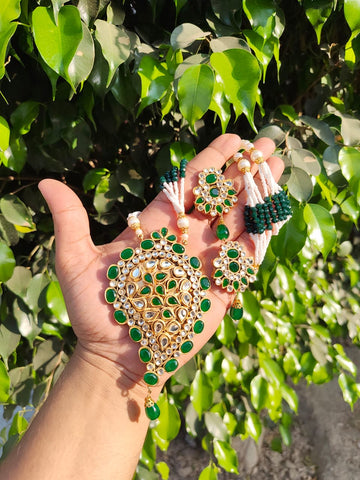 Zaara Emerald Green & White Kundan Moti Maala Set | Pakistani Jewelry