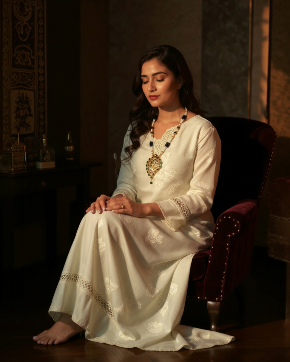 Zaara Emerald Green & White Kundan Moti Maala Set | Pakistani Jewelry