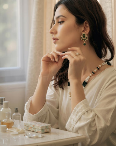 Zaara Emerald Green & White Kundan Moti Maala Set | Pakistani Jewelry