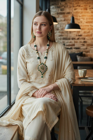 Zaara Emerald Green & White Kundan Moti Maala Set