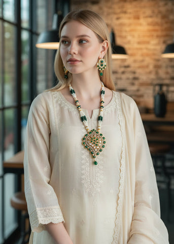 Zaara Emerald Green & White Kundan Moti Maala Set 