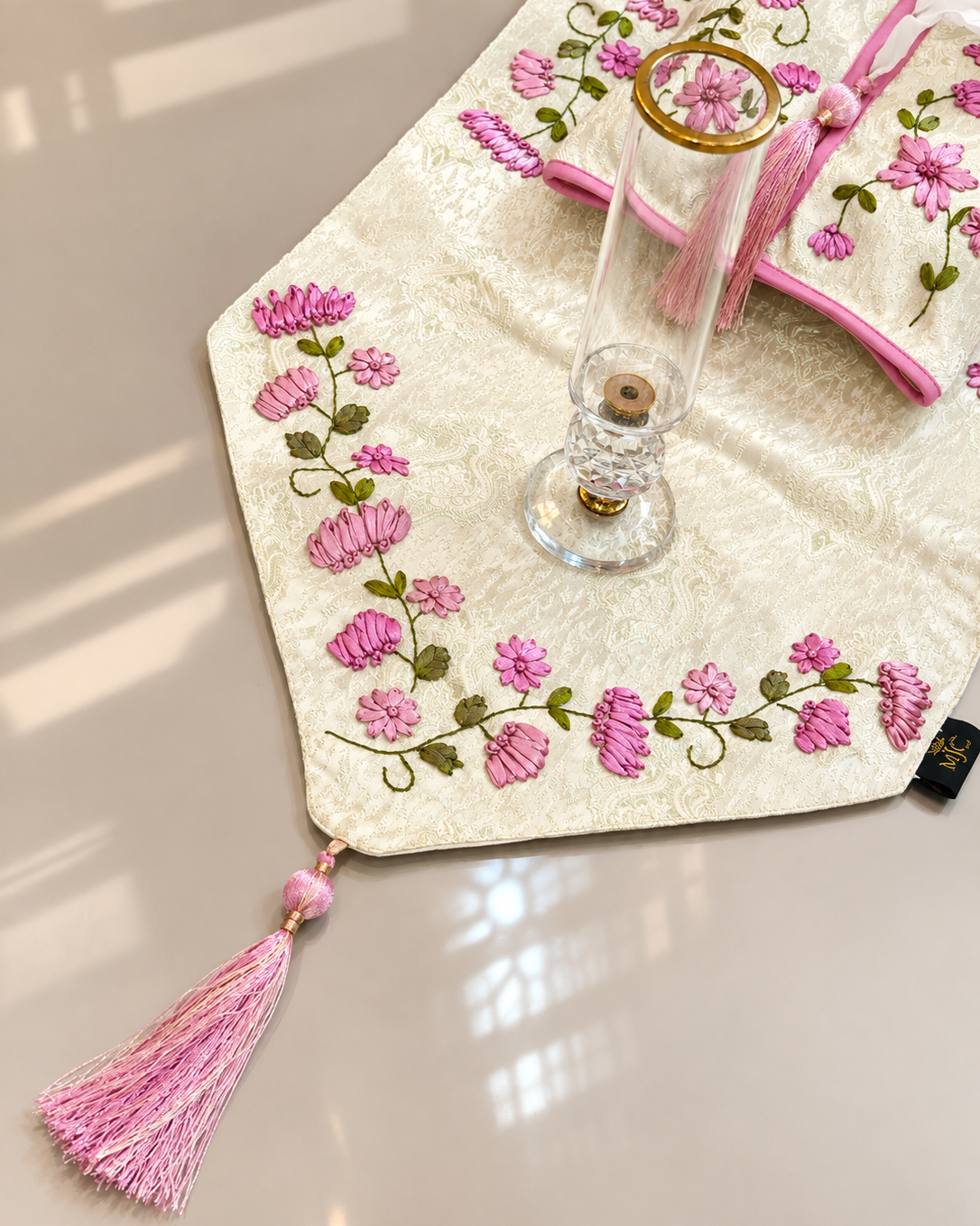Zareen ivory floral embroidered table runner and tissue box cover set