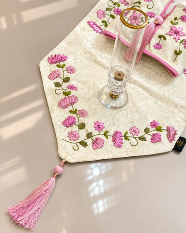 Zareen ivory floral embroidered table runner and tissue box cover set