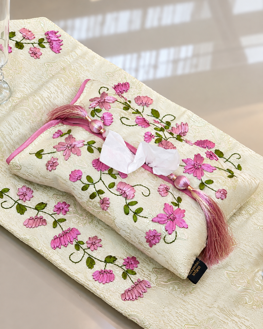 Zareen hand embroidered cream floral table runner with matching tissue box cover