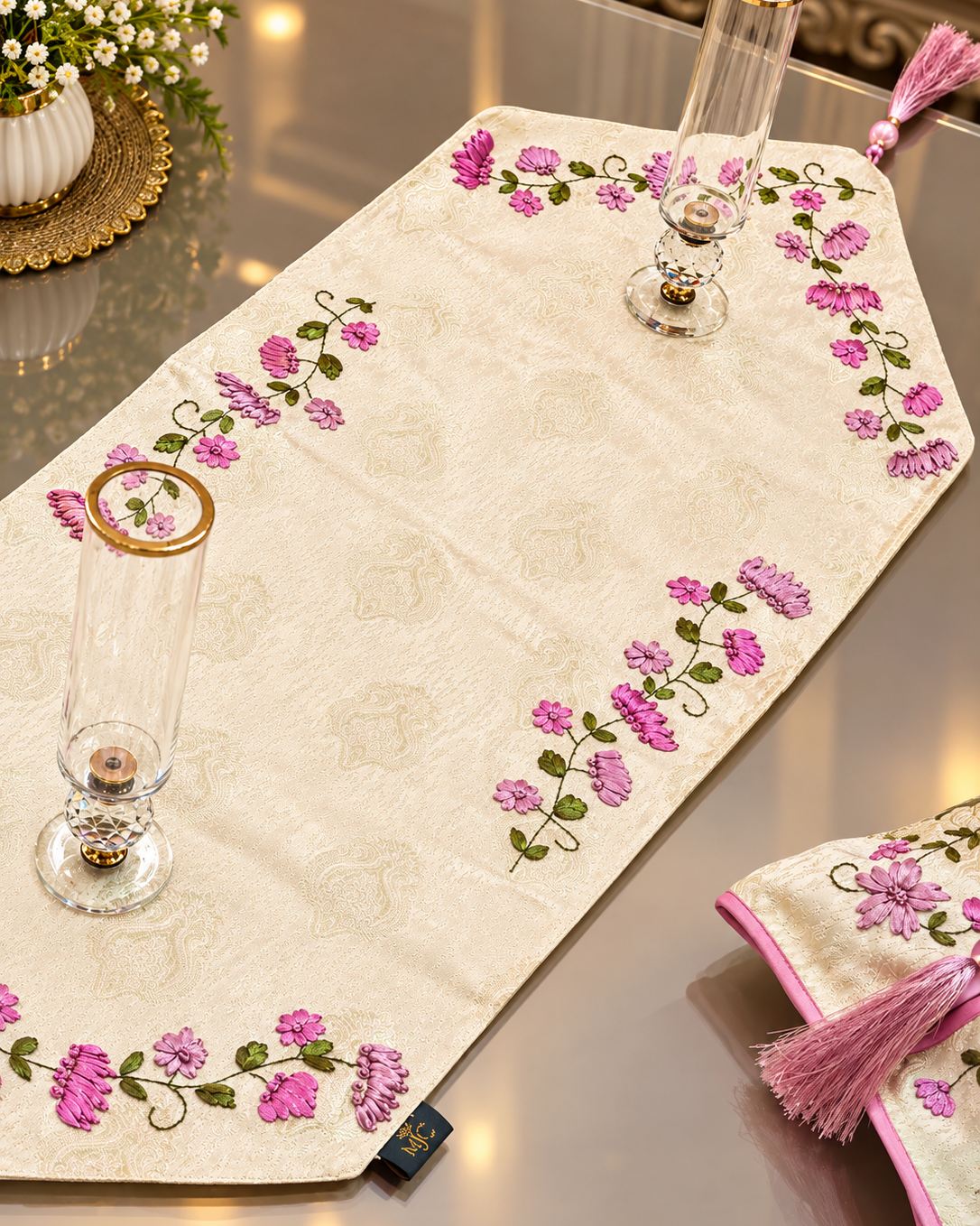 Zareen hand embroidered cream floral table runner with matching tissue box cover