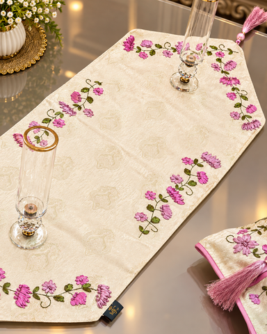 Zareen hand embroidered cream floral table runner with matching tissue box cover