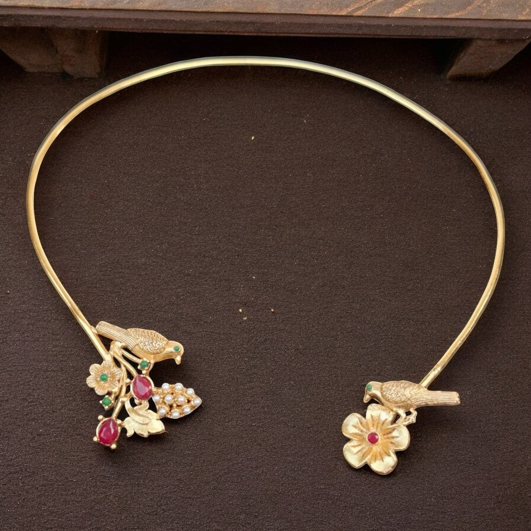 Gold hansli necklace with bird motif handmade statement choker Pakista