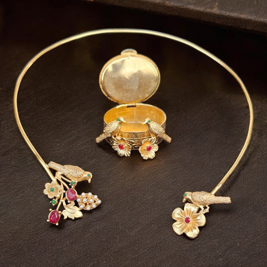 Gold hansli necklace with bird motif handmade statement choker Pakista