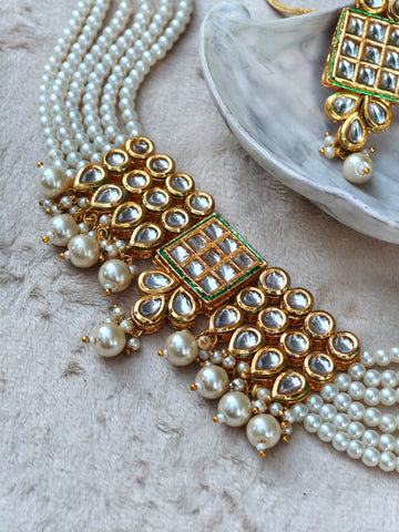 Noor Jahan Kundan Pearl Choker Set – Bridal Gold Choker with Earrings