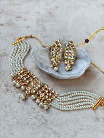 Noor Jahan Kundan Pearl Choker Set – Bridal Gold Choker with Earrings