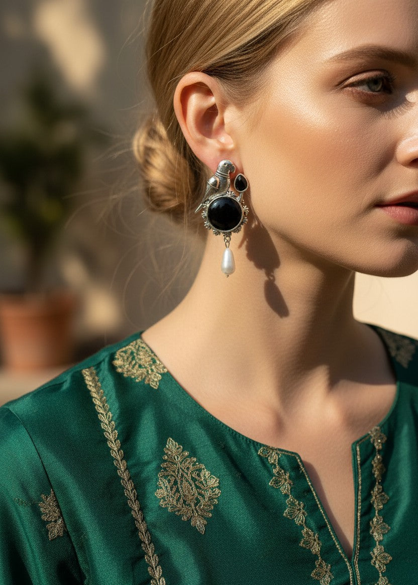 oxidized-silver-parrot-earrings