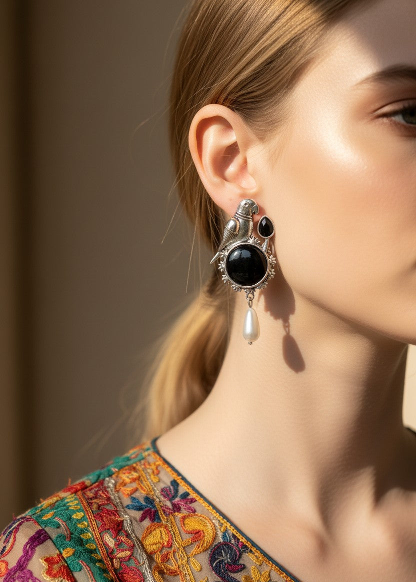 oxidized-silver-parrot-earrings