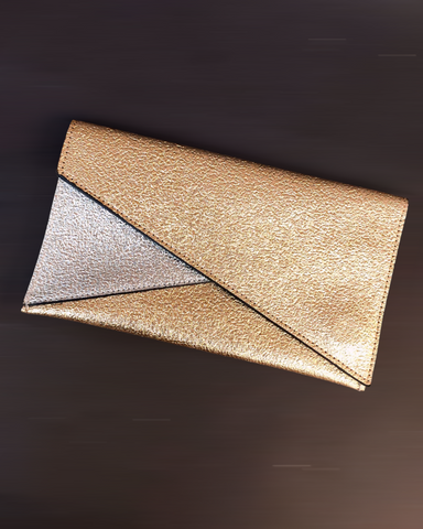 Vintage Metallic Gold & Silver Clutch – Envelope Evening Bag – Asymmetrical Purse with Magnetic Lock