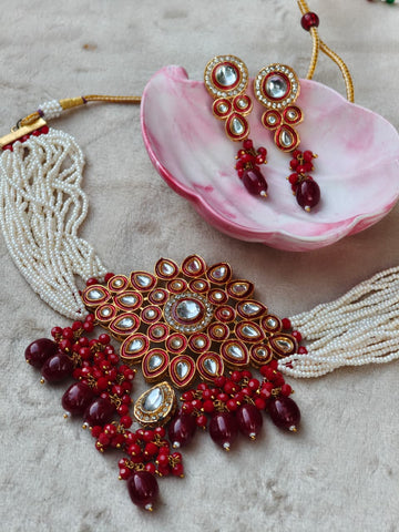 Ruby kundan bridal mala set with pearl necklace Pakistan wedding jewelry
